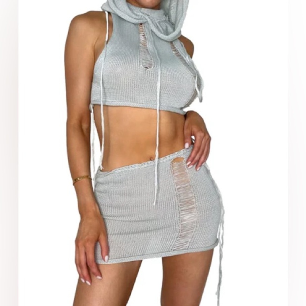 Hooded Knit and Mini Skirt Set - Janne - New with Tag - Gray - Medium